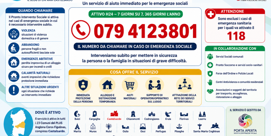 🆘 Emergenze sociali: da oggi i cittadini possono contattare direttamente il Pronto Intervento Sociale del PLUS Anglona Coros Figulinas